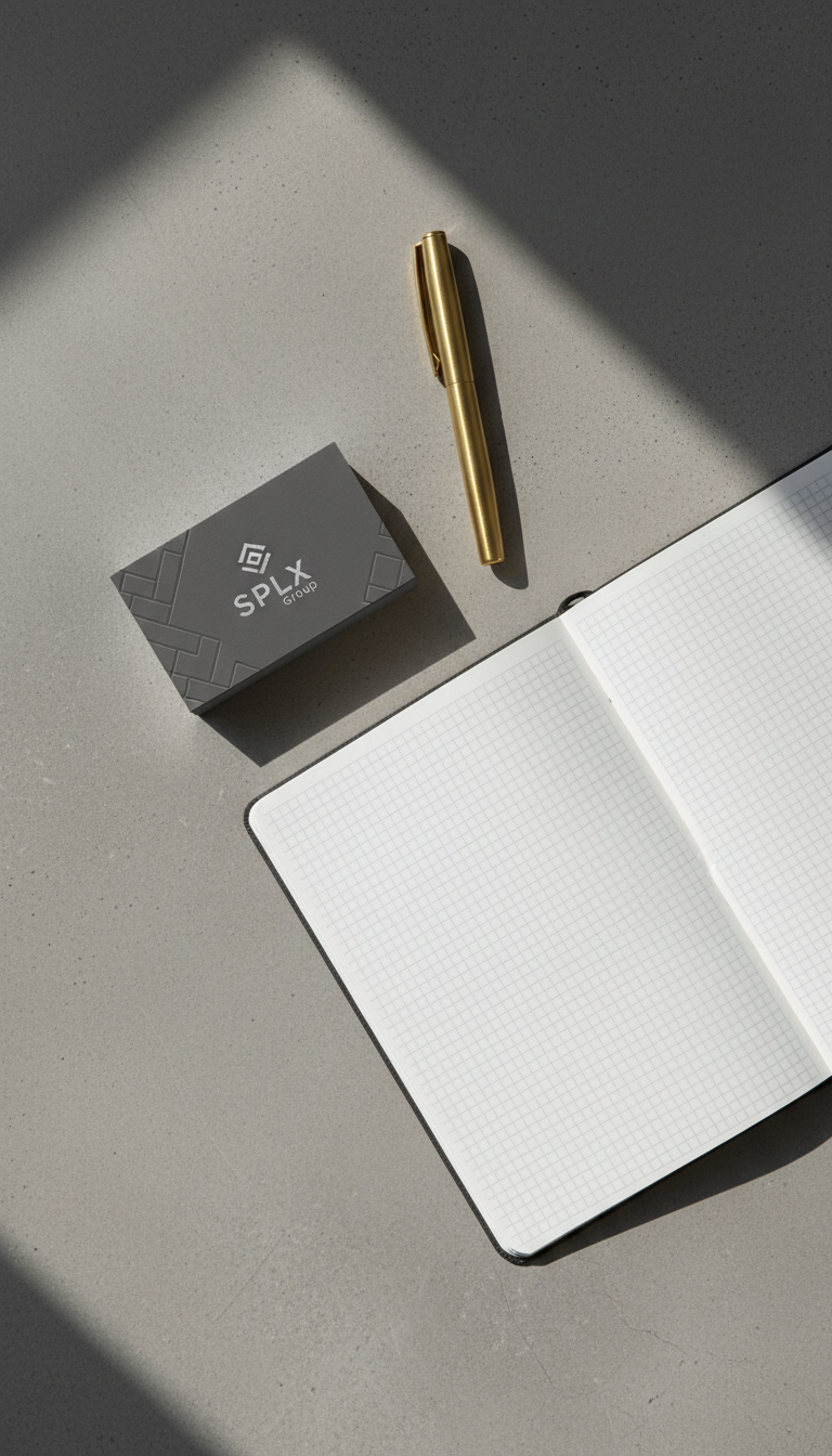 A refined flat-lay composition featuring matte grey business cards with silver embossed SPLX Group branding, stacked neatly alongside a weighted brass pen and a minimalist, open notebook with clean, grid-lined pages. Set against a smooth, cool-toned concrete backdrop, the arrangement suggests precision and intentionality, with nothing extraneous in the frame. Soft side lighting from a nearby window creates understated highlights on the metallic pen and subtle shadowing around the cards, evoking an atmosphere of resourcefulness and trustworthiness. Shot from directly above with crisp focus, the clean, photographic realism and curated layout underscore the consultancy’s attention to detail and professional standard.