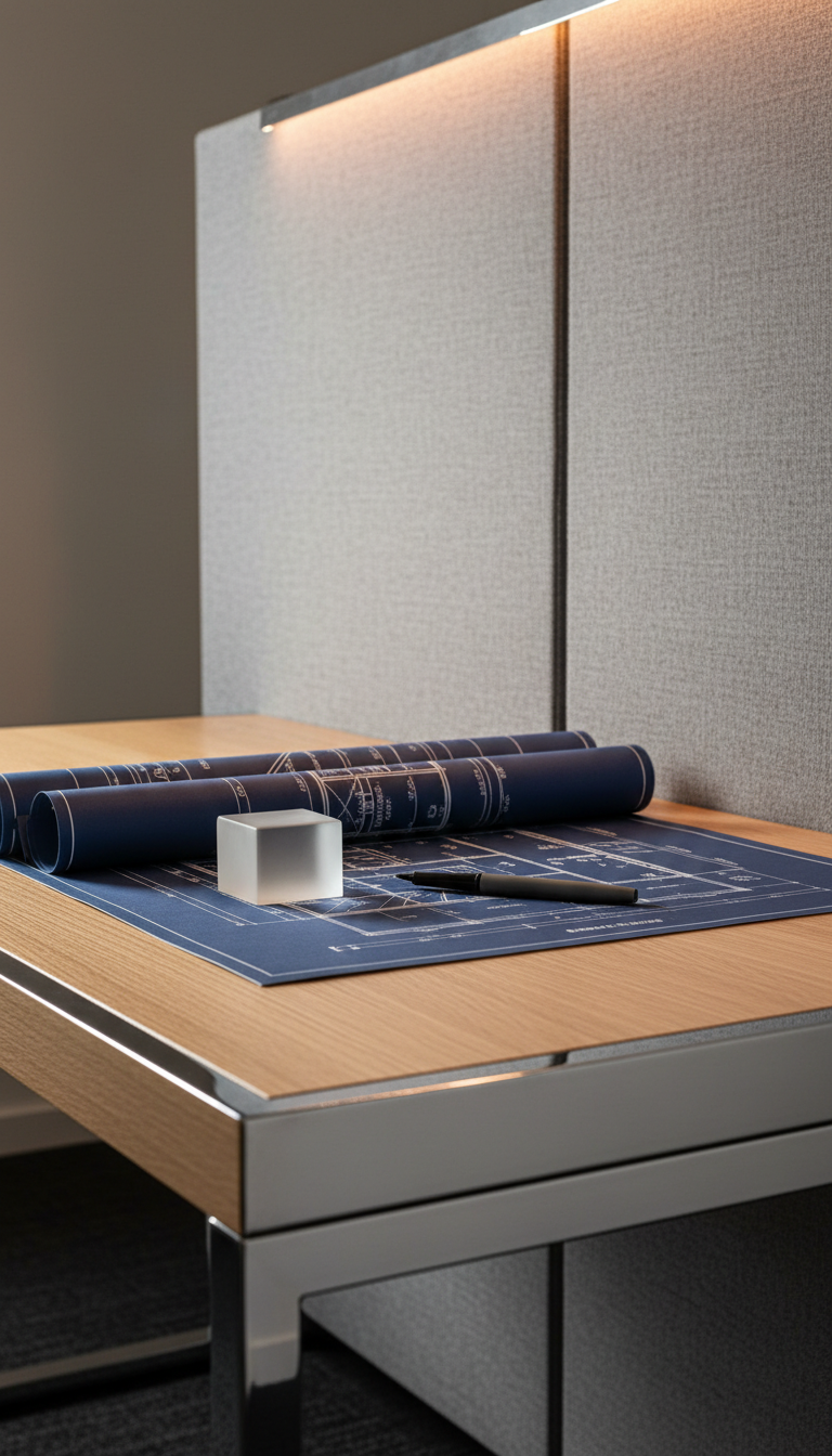 A polished light oak desk with sleek chrome accents, displaying a structured arrangement of crisp white architectural blueprints, a minimalist frosted glass paperweight, and a matte graphite writing instrument. The desk is positioned near a high modern partition featuring neutral grey fabric and subtle texture. Warm, indirect LED lighting creates precise highlights and gentle, elongated shadows across the desktop, imparting an atmosphere of deliberate focus and excellence. Photographed from a low side angle, the composition is meticulously balanced and uses shallow depth of field to softly blur the background. The image radiates the calm, results-driven professionalism of management consulting with a clean, businesslike, and photographic visual style.