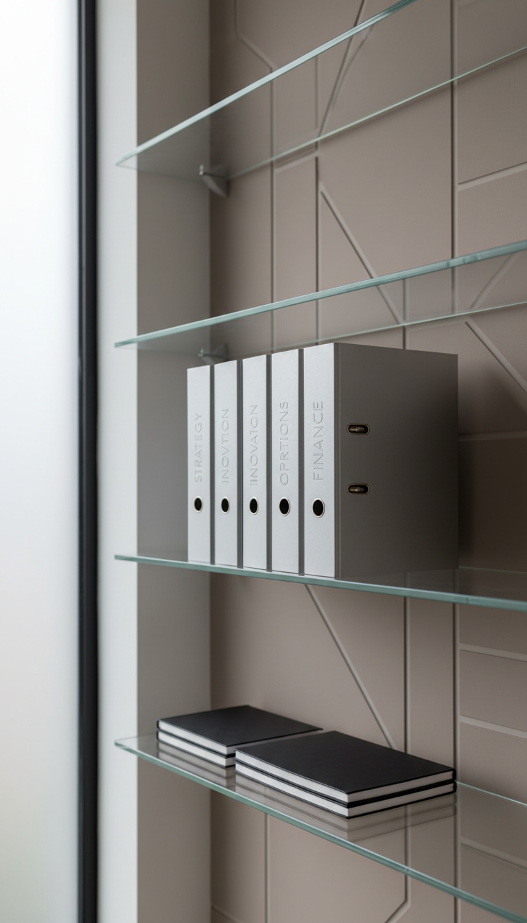 A carefully arranged set of brushed aluminum binders and charcoal-black notebooks placed on an immaculate glass shelving unit, each binder labeled with embossed, minimalist lettering. The shelving is mounted against a soft taupe wall in a dedicated consulting workspace featuring geometric shelving patterns and streamlined décor. Gentle overcast daylight filters from a nearby frosted window, casting muted, even illumination and soft edges, conveying clarity and order. Shot from a slightly elevated angle using the rule of thirds for composition, the image maintains sharp focus throughout, imparting a mood of thoughtful professionalism and understated sophistication. The style is photographic, clean, and structured—ideal for showcasing sustainable business systems and organized processes.