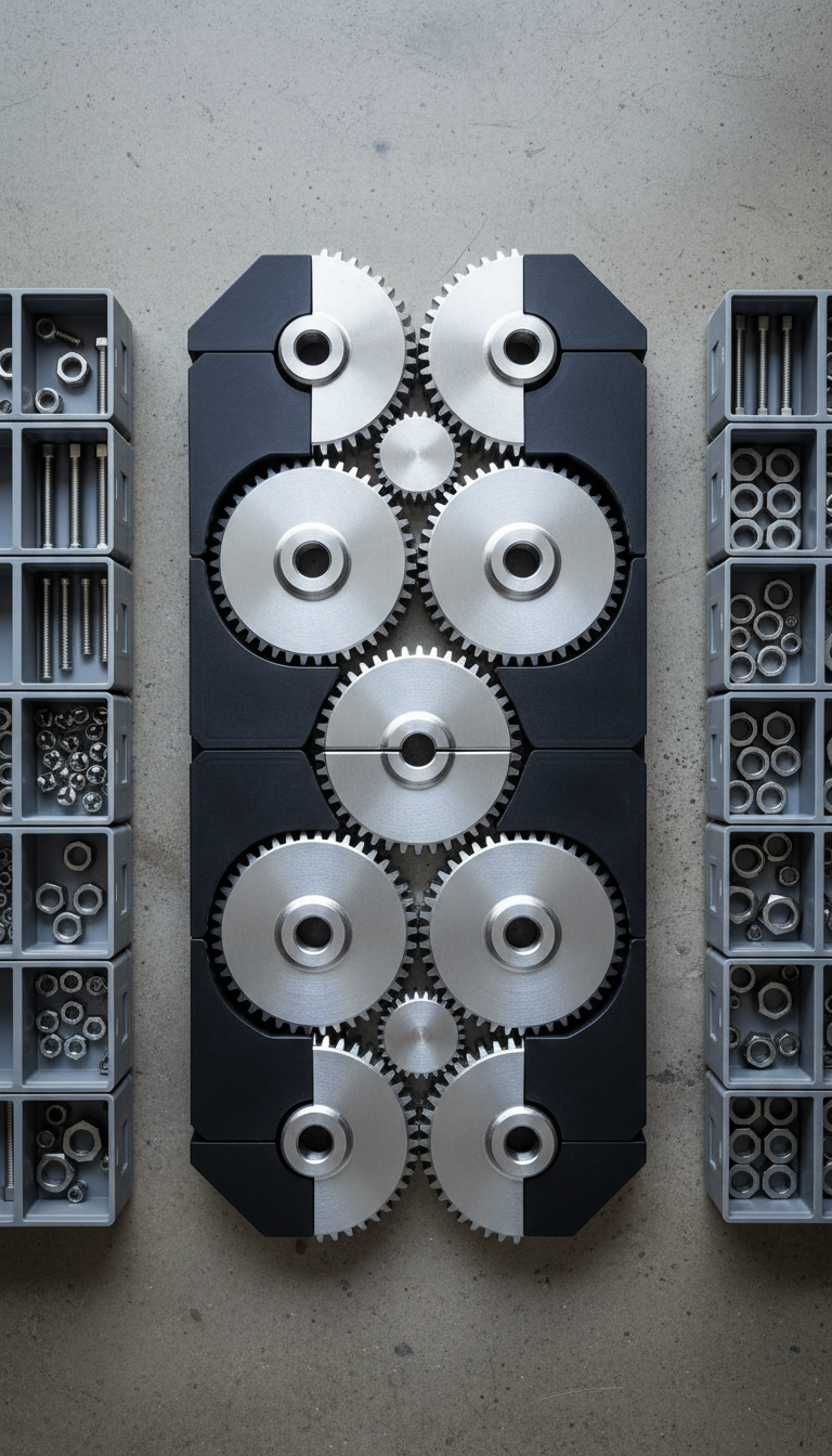 A close-up of a grid of interlocking, precision-cut steel gears and matte black supply chain components, tightly fitted and resting on a textured, neutral concrete workspace. Surrounding the gears are organized, modular trays holding polished screws and smooth metallic connectors, all arranged with remarkable precision. Cool, diffused studio lighting ensures gentle, controlled shadows and subtle reflections that emphasize the quality of each component. The image is captured from directly above, using a bird’s-eye view and sharp focus throughout the composition, highlighting structure, connection, and efficiency. The mood is one of relentless optimization and systematic clarity, rendered in a clean, modern, photographic style in alignment with the SPLX Group’s consulting ethos.