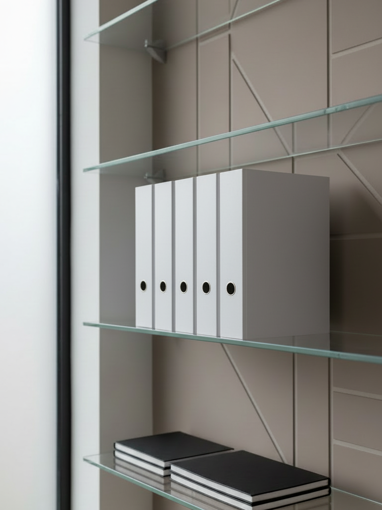 The same aesthetic office scene of a carefully arranged set of branded binders and stationery on a clean desk, but with the binders completely blank and free of any text or logos. Maintain the same lighting, colors, composition, and style as the current image, suitable for a professional consulting firm's website hero section.