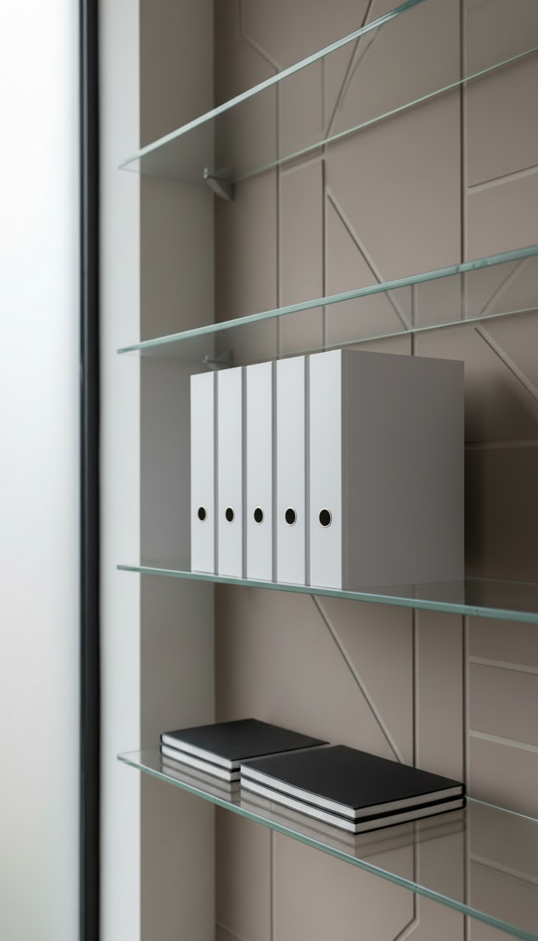 The same aesthetic office scene of a carefully arranged set of branded binders and stationery on a clean desk, but with the binders completely blank and free of any text or logos. Maintain the same lighting, colors, composition, and style as the current image, suitable for a professional consulting firm's website hero section.